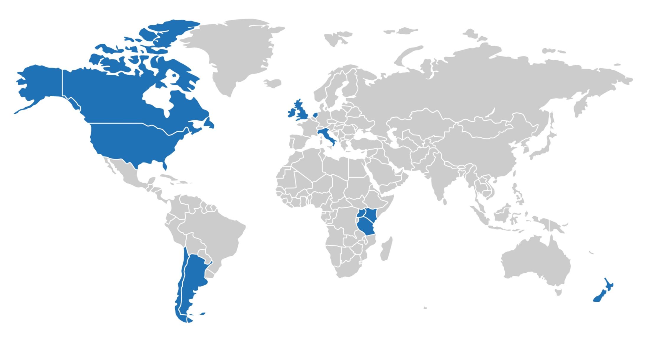 In Europa: Belgien, Großbritannien, Irland, Italien - In Nordamerika: Kanada, USA - In Lateinamerika: Argentinien, Chile - In Afrika: Kenia, Tansania, Uganda,  - In Ozeanien: Neuseeland